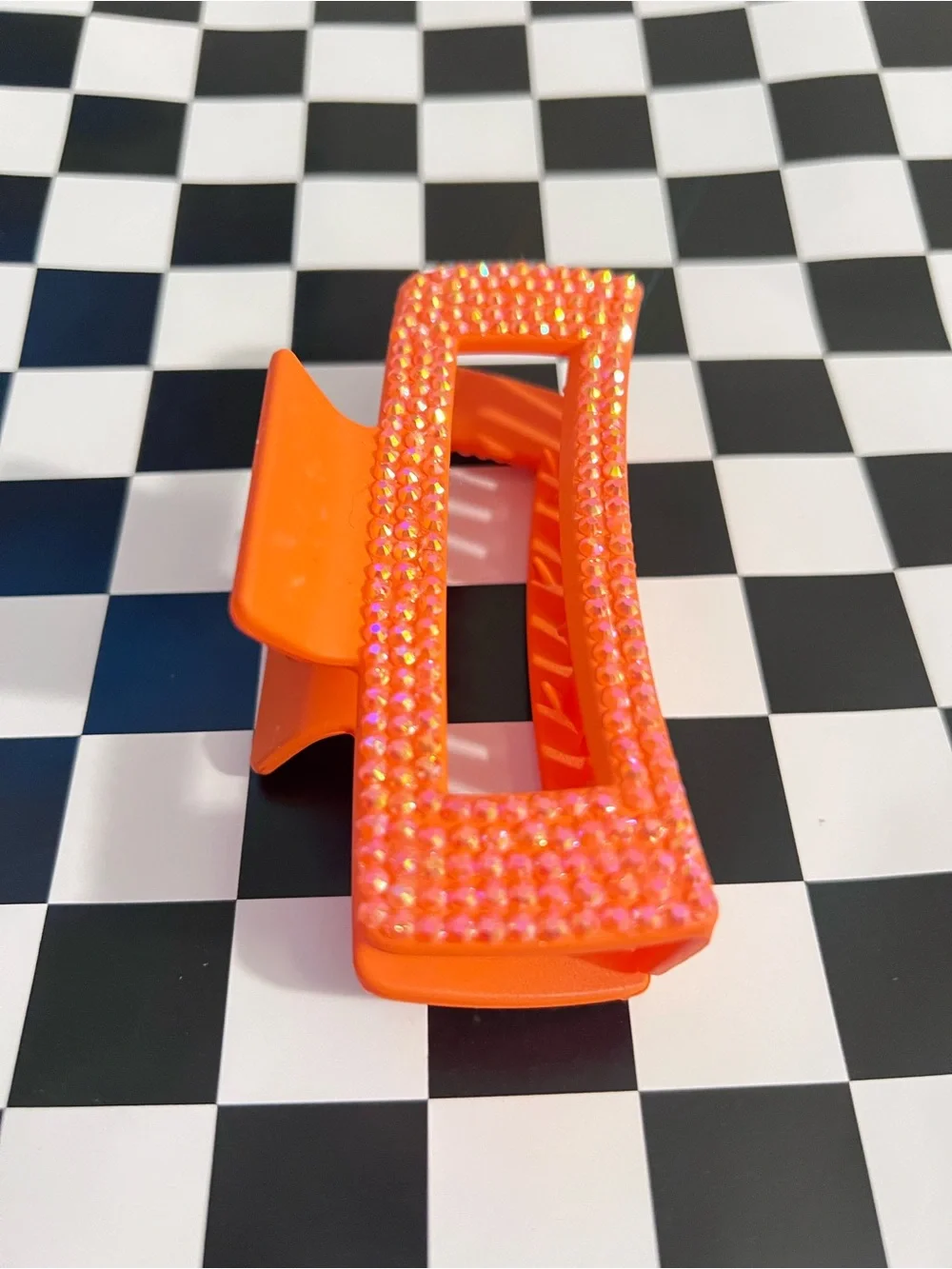 Hand Bedazzled Neon Orange Rhinestone Claw Clip Adult Double-Sided Sparkle